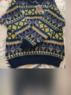 Boston Traders Men's Geometric Crewneck Sweater in Navy Yellow Wool Vintage NWT